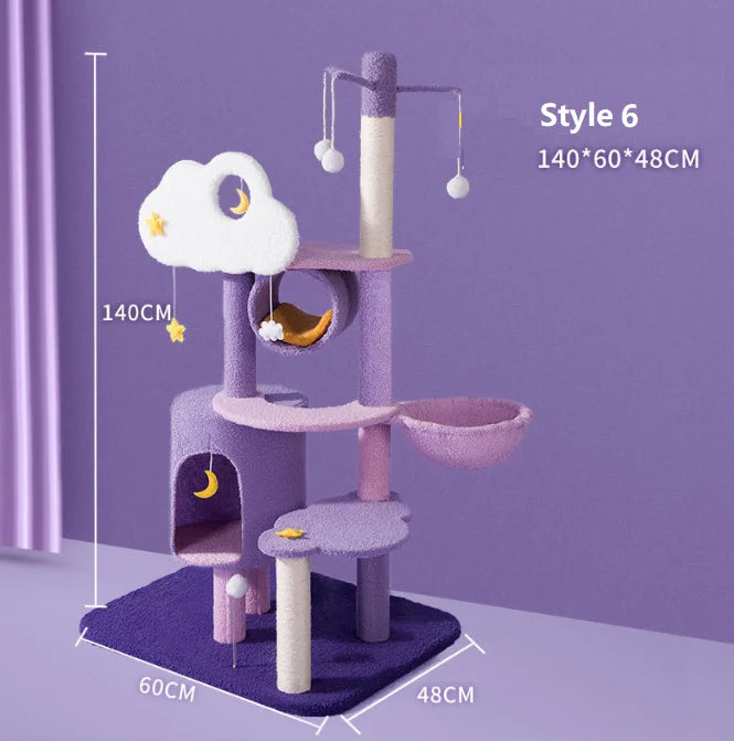 Lila Luxus-Katzenbaum für den Innenbereich mit Blumen-Design