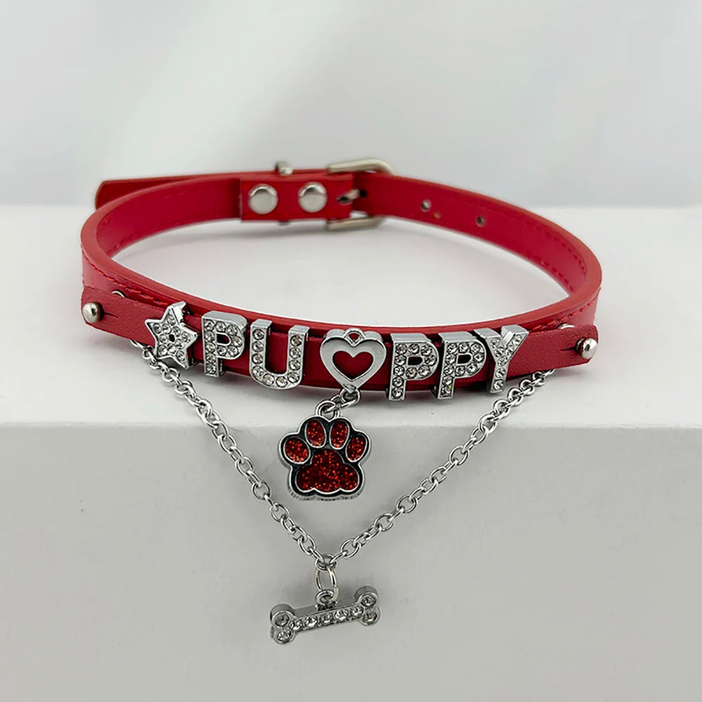 Welpenhalsband mit Kristall, Strassbuchstaben und Knochen-Anhänger